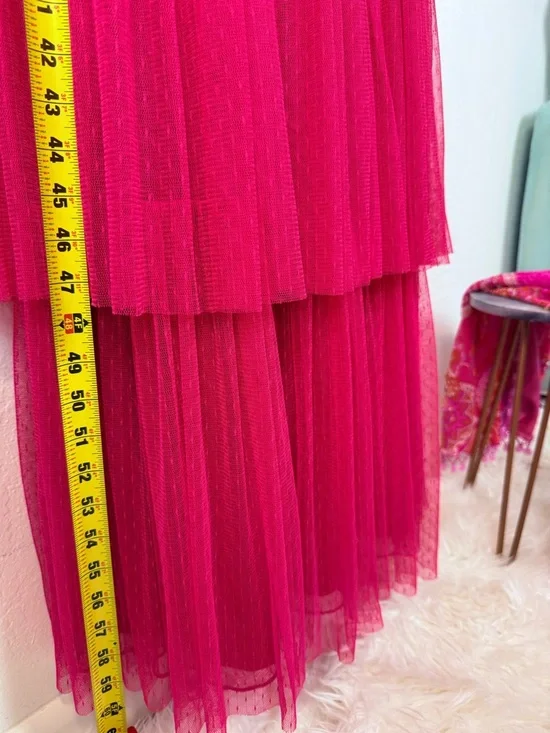 NWT ML Monique Lhuillier Tiered Tulle Maxi Dress Cherry Pink Size 8 - Picture 9 of 14